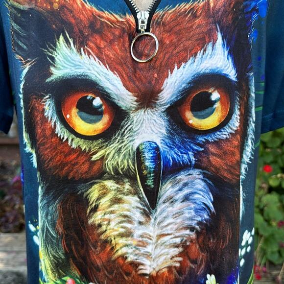 Misslook Horned Owl Graphic Zip Blue Blouse Women's Size Small - Picture 3 of 10